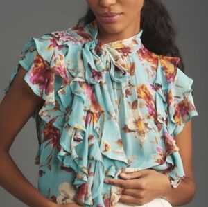 Anthropologie Blue Floral Top Blouse Size Large Flutter Sleeve Neck Tie Bow